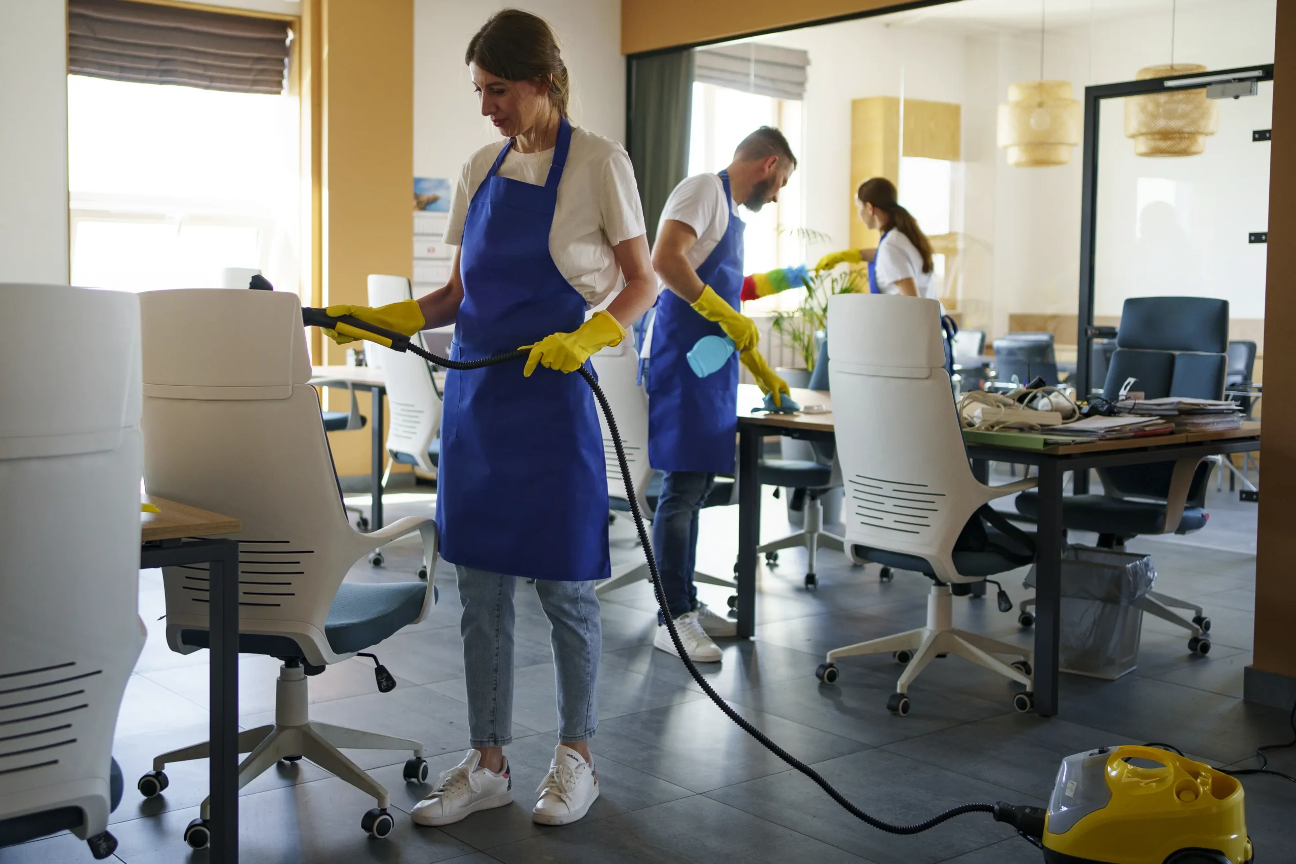 Professional cleaning team in modern office